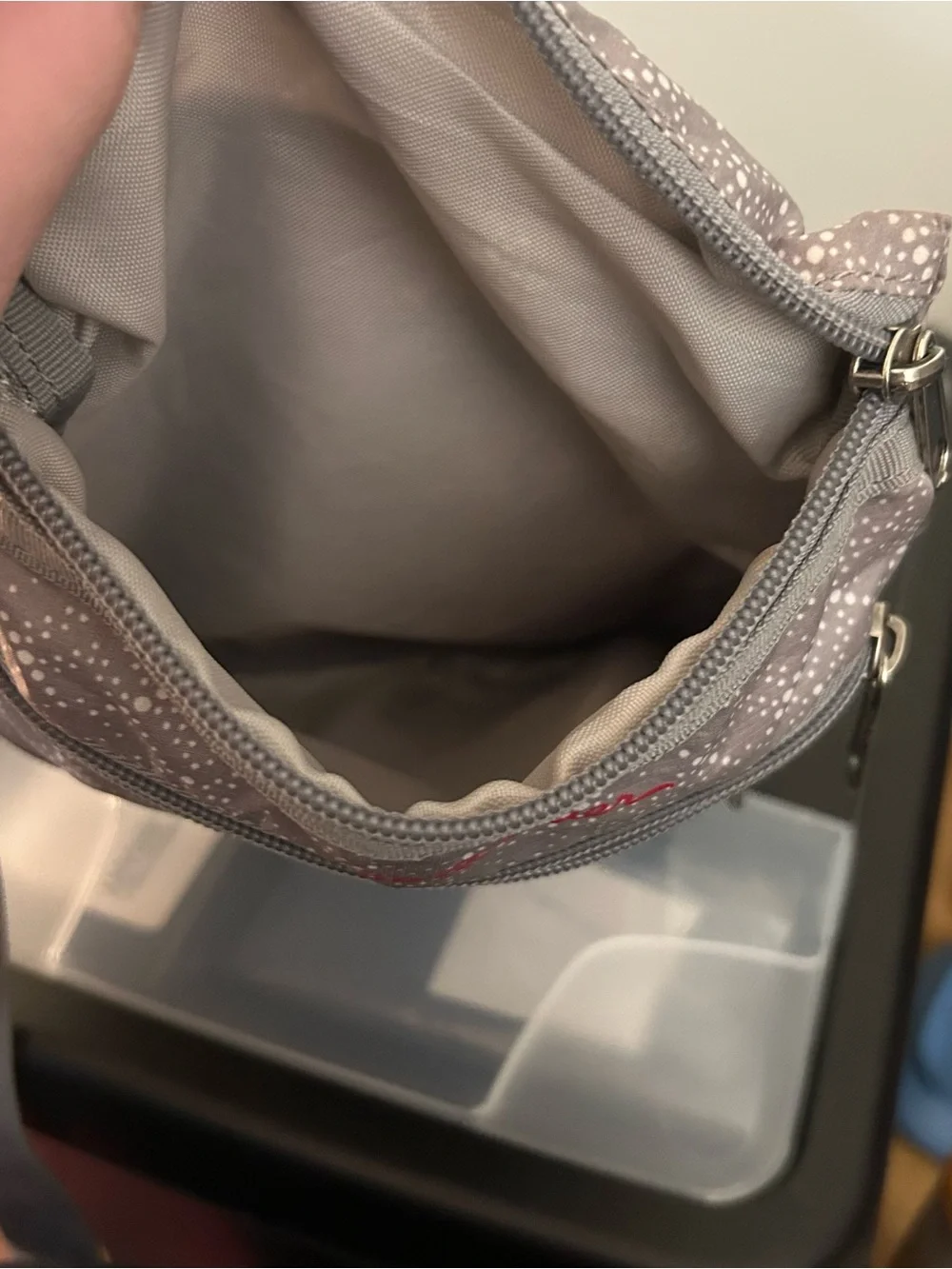 Eddie Bauer Light Gray Dot Crossbody Bag with Red Logo